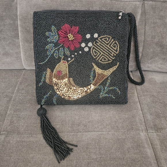 Chicos Koi Fish Flower Beaded Wristlet Bag Purse - Picture 2 of 9